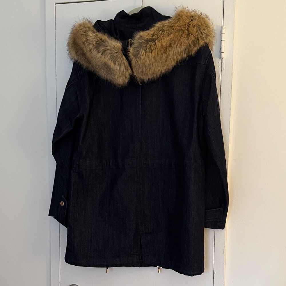 Michael Kors Blue Denim Unlined Parka with removable Fur Hood - Picture 3 of 8